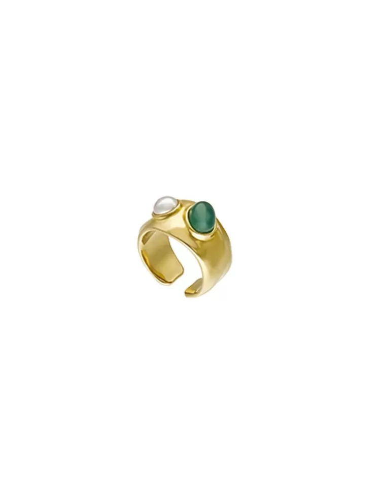 Anillos Medianos | Majorica Anillo Dorado Feme Con Perla Blanca Y Agata Verde