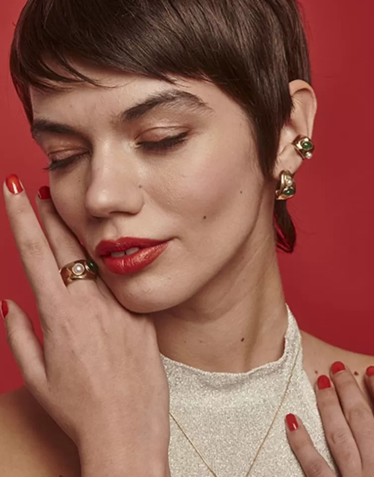 Anillos Medianos | Majorica Anillo Dorado Feme Con Perla Blanca Y Agata Verde