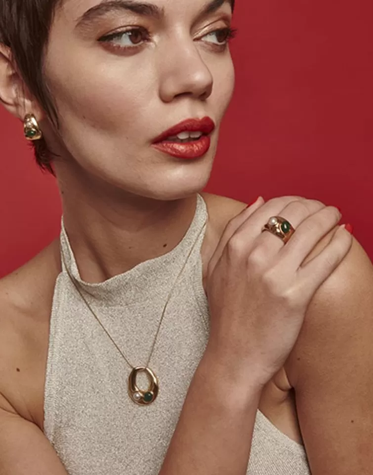 Anillos Medianos | Majorica Anillo Dorado Feme Con Perla Blanca Y Agata Verde