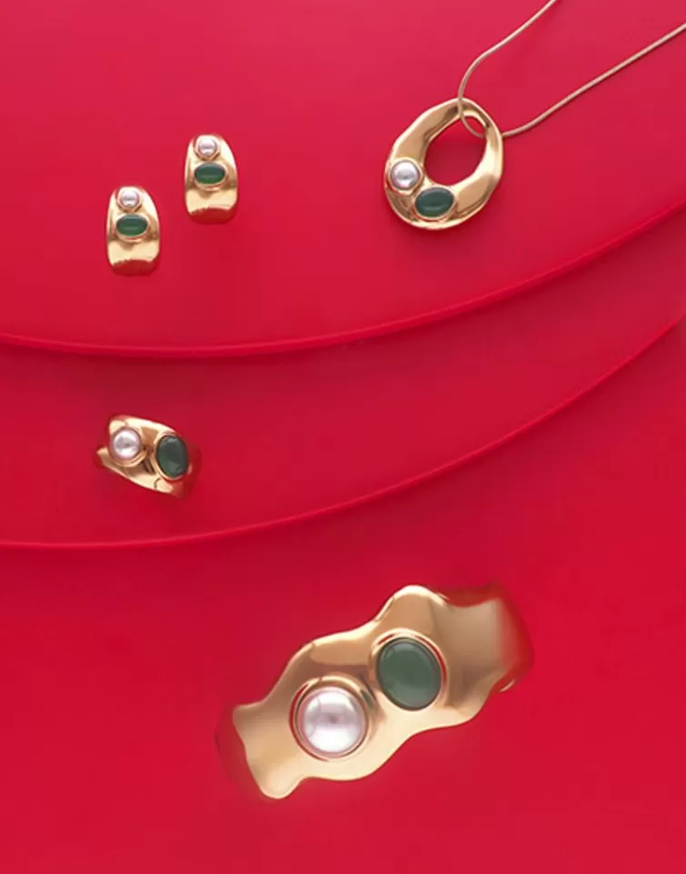 Anillos Medianos | Majorica Anillo Dorado Feme Con Perla Blanca Y Agata Verde