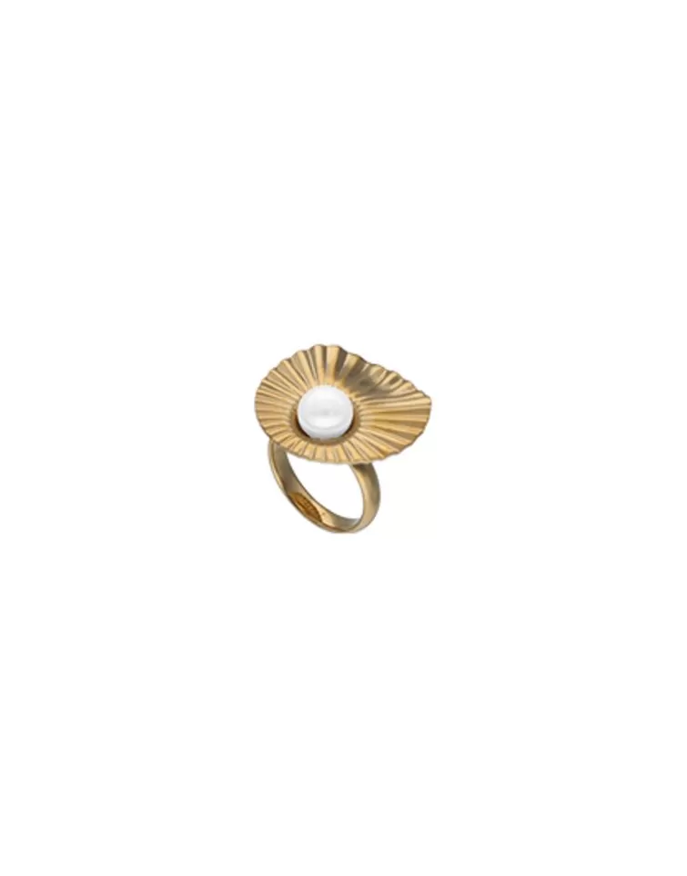 Anillos Grandes | Majorica Anillo Le Palm Grande En Acero Dorado Con Perla Blanca