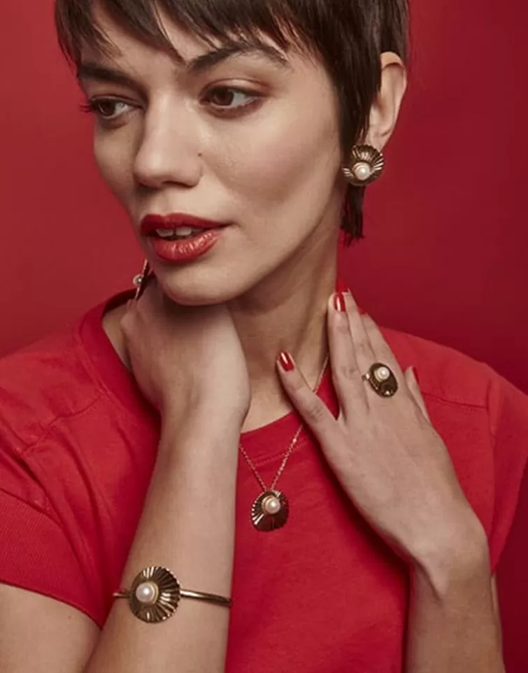 Anillos Grandes | Majorica Anillo Le Palm Grande En Acero Dorado Con Perla Blanca