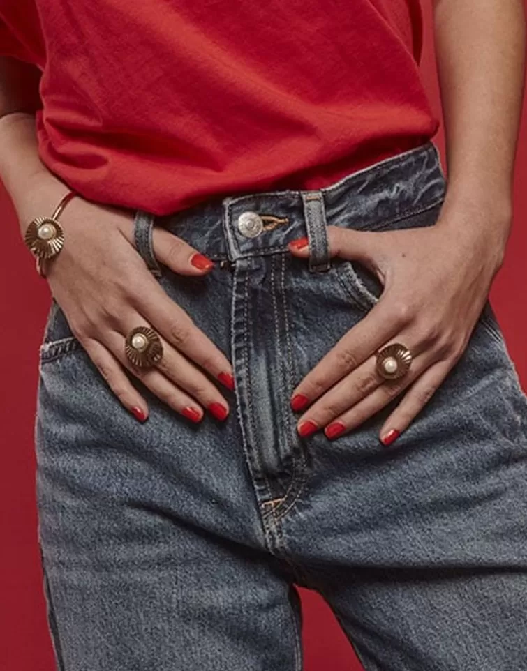 Anillos Grandes | Majorica Anillo Le Palm Grande En Acero Dorado Con Perla Blanca