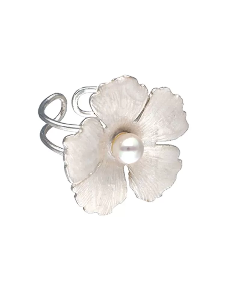 Anillos Grandes | Majorica Anillo Novia Santorini Bianco Con Flor Grande Nacarada Y Perla Redonda
