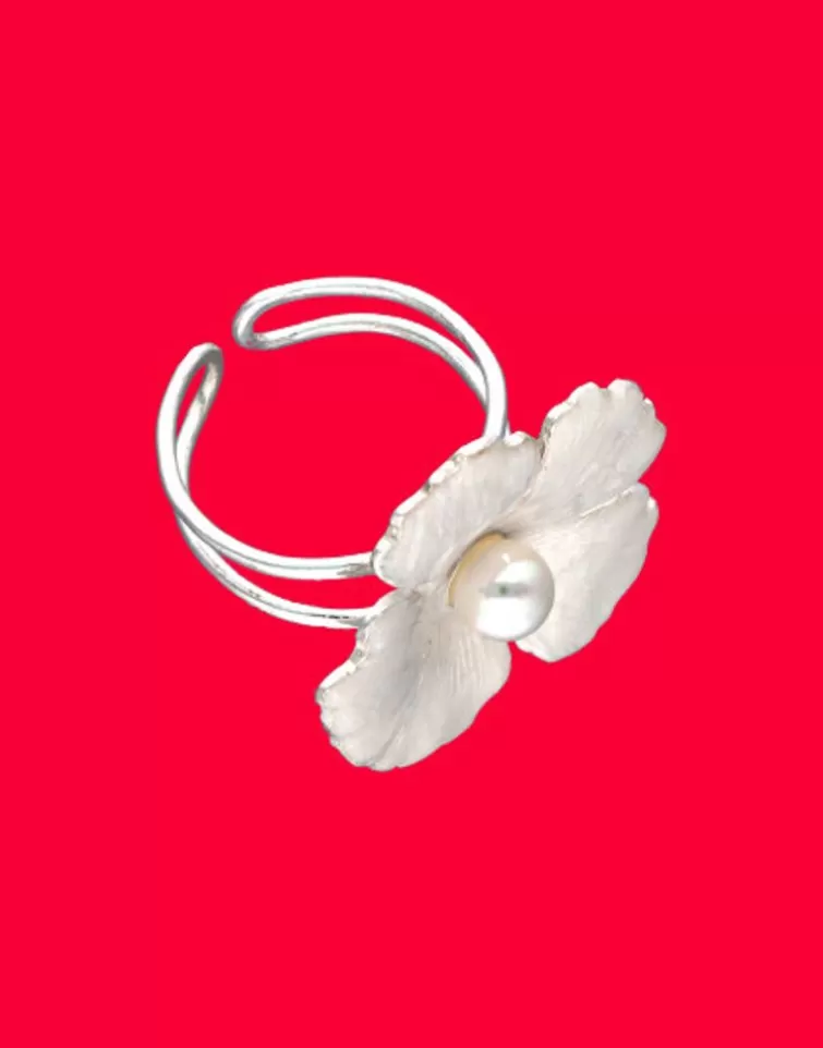 Anillos Grandes | Majorica Anillo Novia Santorini Bianco Con Flor Grande Nacarada Y Perla Redonda