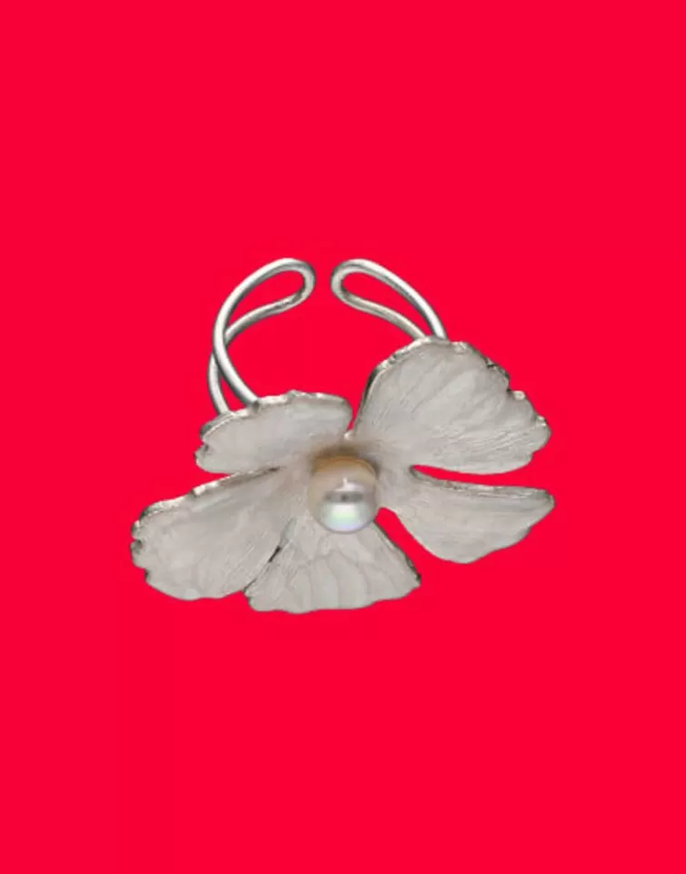 Anillos Medianos | Majorica Anillo Novia Santorini Bianco Con Flor Pequena Nacarada Y Perla Redonda