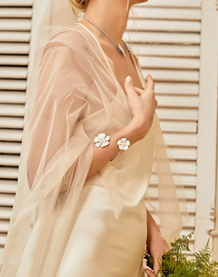 Brazaletes Rígidos | Majorica Brazalete Novia Santorini Bianco Ajustable Con Flores Nacaradas Y Perlas
