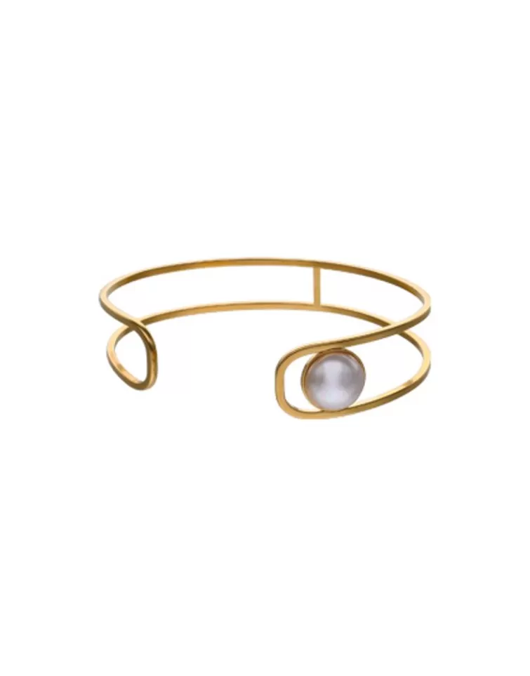 Brazaletes Rígidos | Majorica Brazalete Rigido Atenea En Plata Dorada Con Perla Blanca
