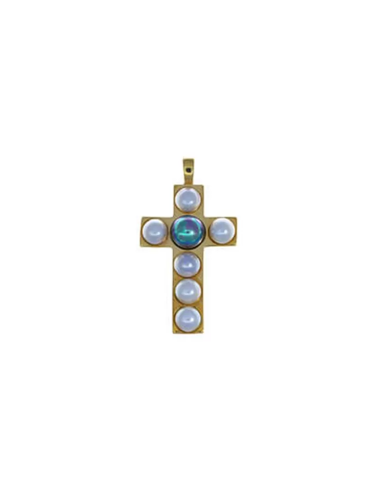 Colgante Cadena | Majorica Colgante Cruz Dorado Con Perla Media Bola Blanca Y Gris