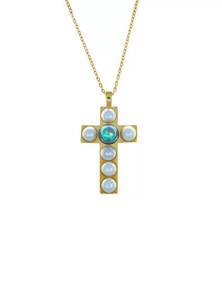Colgante Cadena | Majorica Colgante Cruz Dorado Con Perla Media Bola Blanca Y Gris
