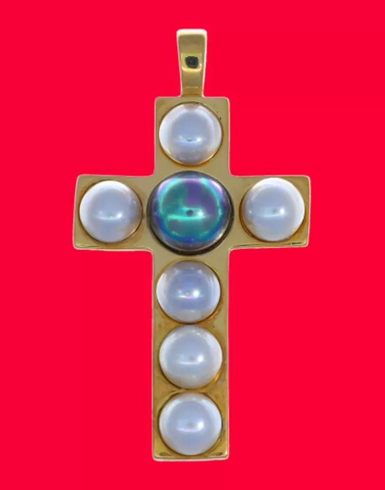 Colgante Cadena | Majorica Colgante Cruz Dorado Con Perla Media Bola Blanca Y Gris