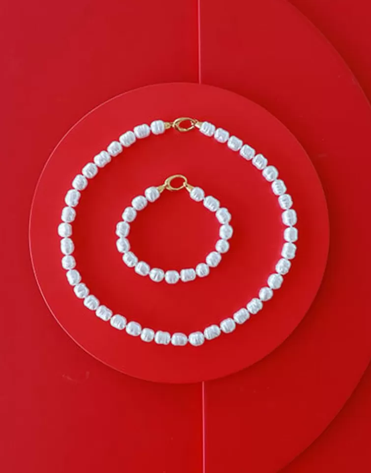 Collares De Perlas Largos | Majorica Collar Agora Dorado Con Perlas Barrocas Blancas 8Mm 45Cm