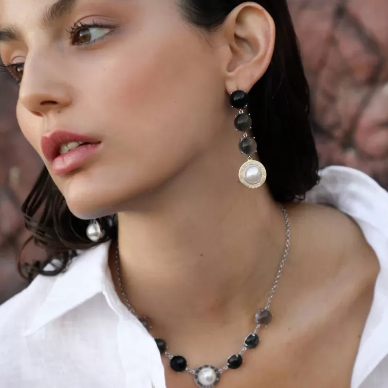 Cadenas Con Perlas | Majorica Collar Algaida Plata Con Perla Media Bola Y Cristal De Murano Negro