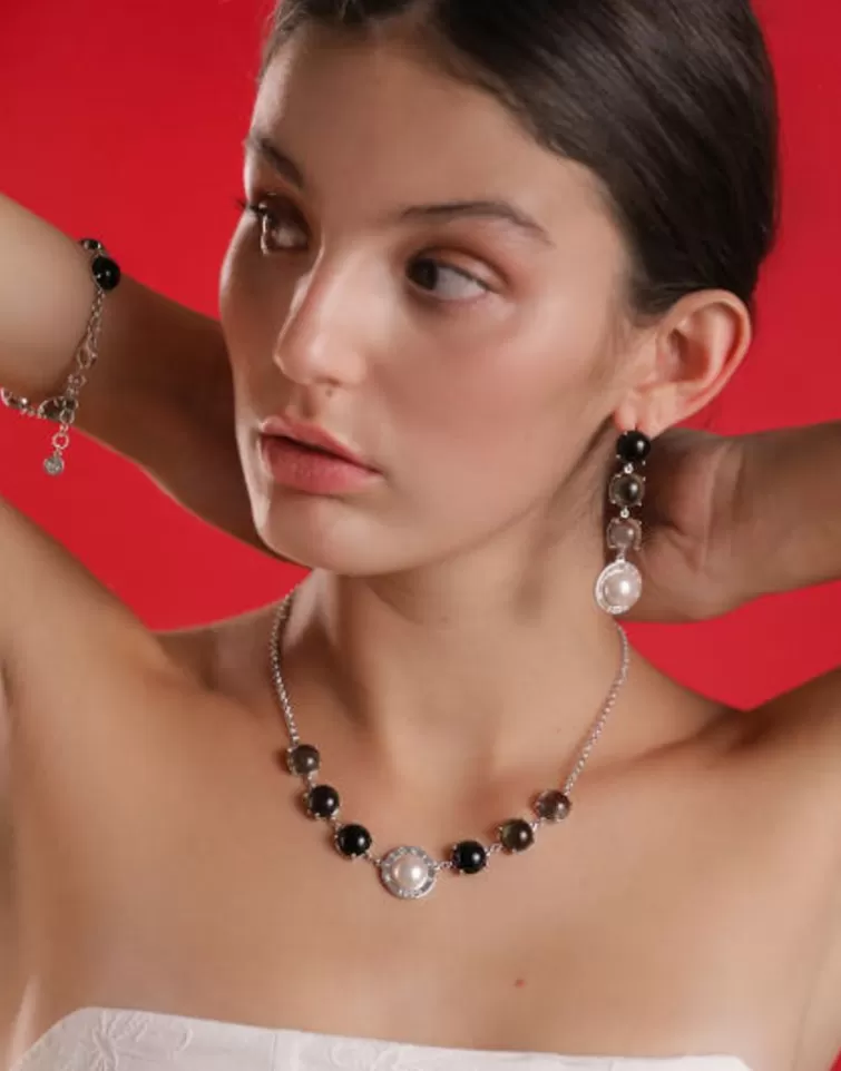 Cadenas Con Perlas | Majorica Collar Algaida Plata Con Perla Media Bola Y Cristal De Murano Negro
