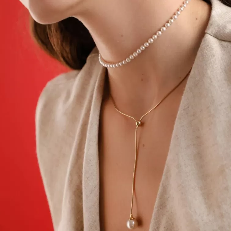 Cadenas Con Perlas | Majorica Collar Aura Ajustable Corto De Acero Dorado