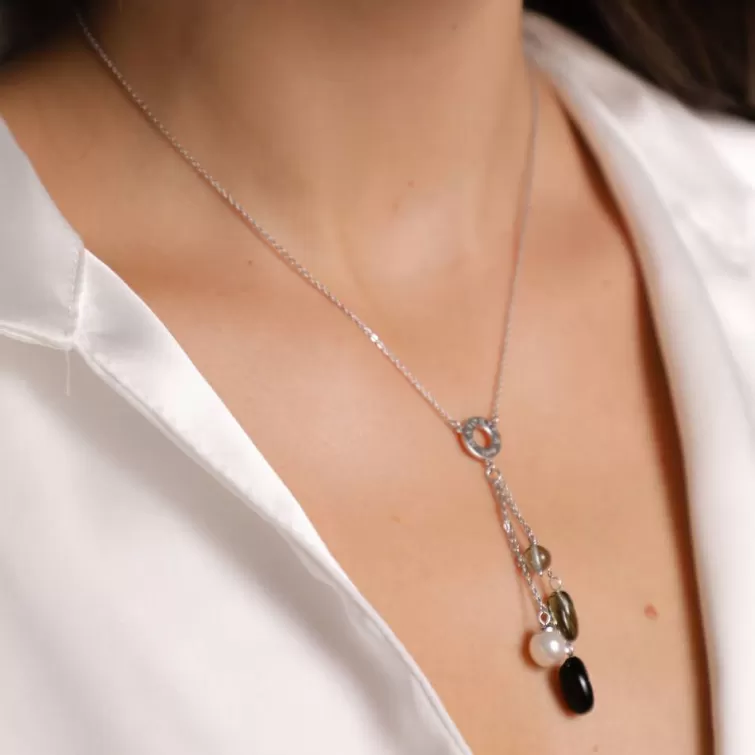 Cadenas Con Perlas | Majorica Collar Corto Algaida Plata Con Cristal De Murano Negro