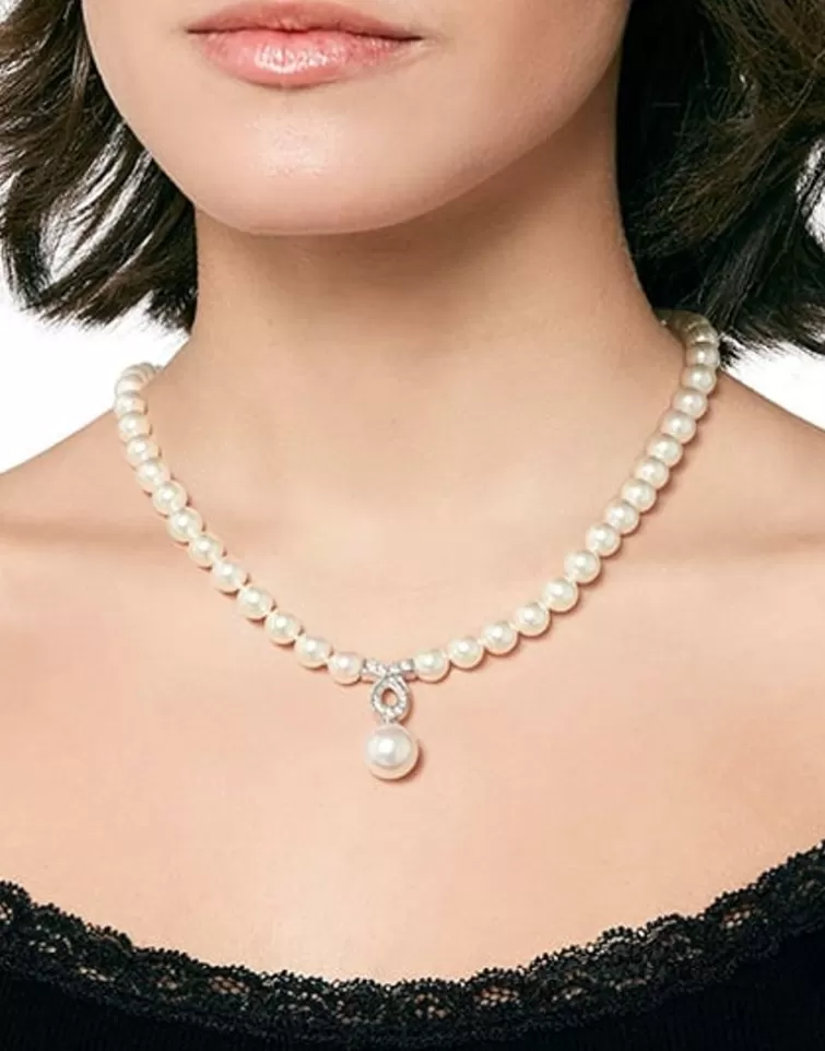 Gargantillas De Perlas | Majorica Collar De Perlas Corto Lilit Plata Con Circonitas 8Mm 43Cm