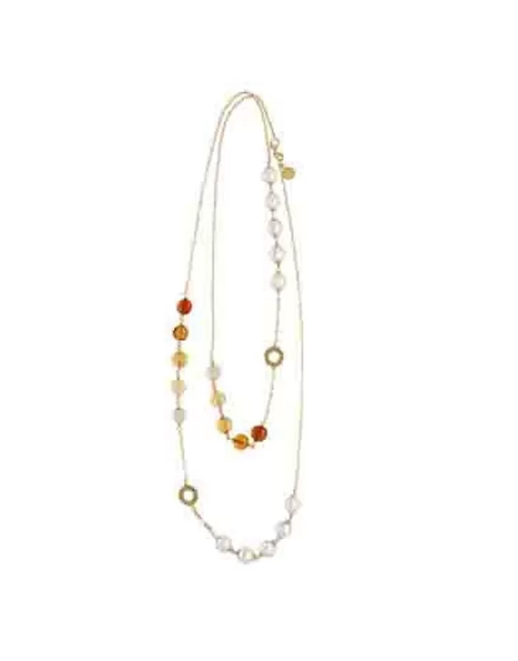 Cadenas Con Perlas | Majorica Collar Largo Algaida Multiposicion Dorado Con Cristales De Murano Ambar