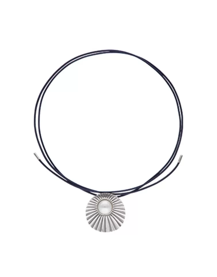 Colgantes Con Cadena | Majorica Collar Le Palm En Acero Con Perla Blanca Y Cordon De Seda Azul