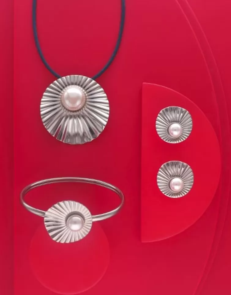 Colgantes Con Cadena | Majorica Collar Le Palm En Acero Con Perla Blanca Y Cordon De Seda Azul
