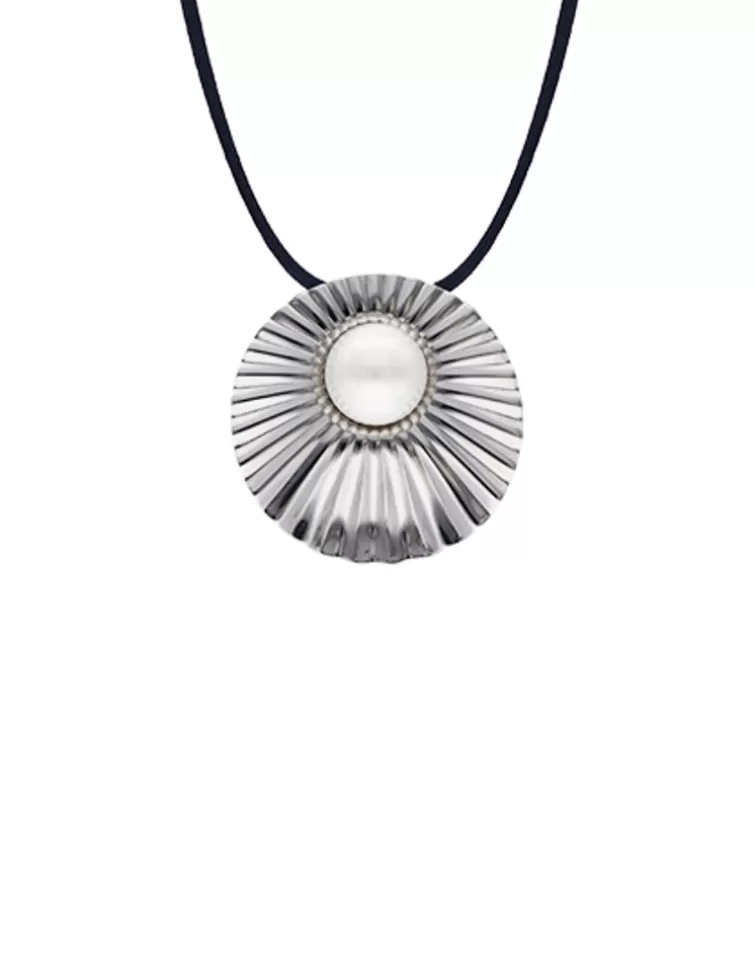 Colgantes Con Cadena | Majorica Collar Le Palm En Acero Con Perla Blanca Y Cordon De Seda Azul