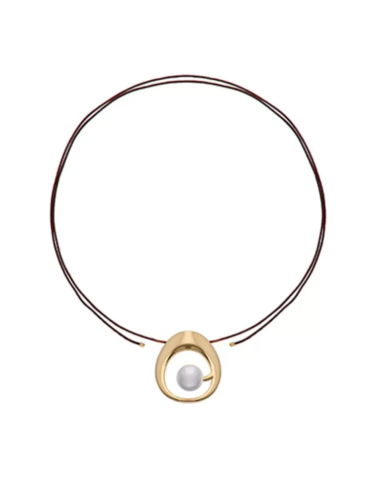 Colgantes Con Cadena | Majorica Collar Petra En Acero Dorado Y Cordon De Seda Cafe
