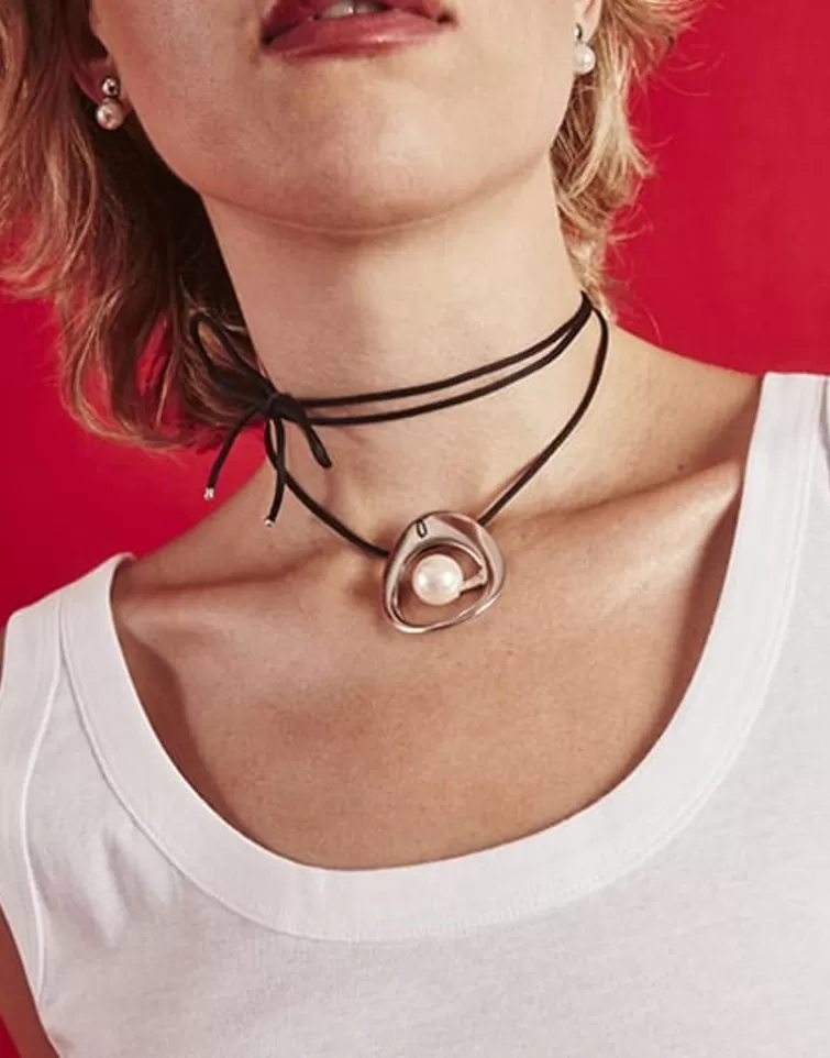Colgantes Con Cadena | Majorica Collar Petra En Acero Y Cordon De Seda Negro