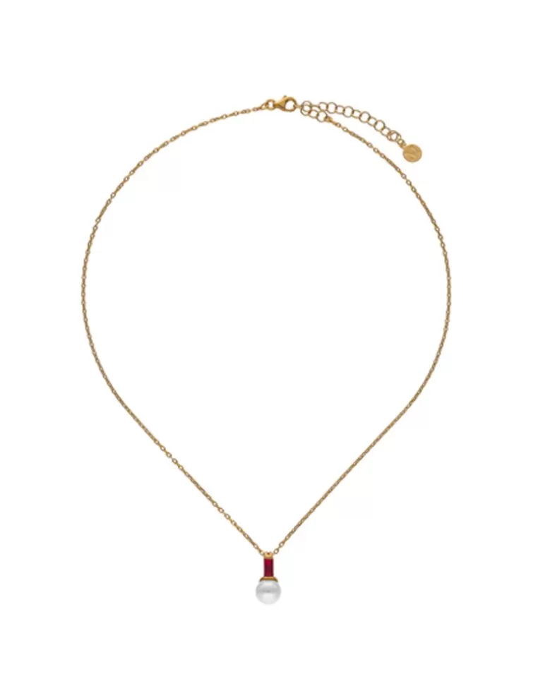 Colgantes Con Cadena | Majorica Collar Selene Dorado Con Perla Y Circonita Rojo Rubi