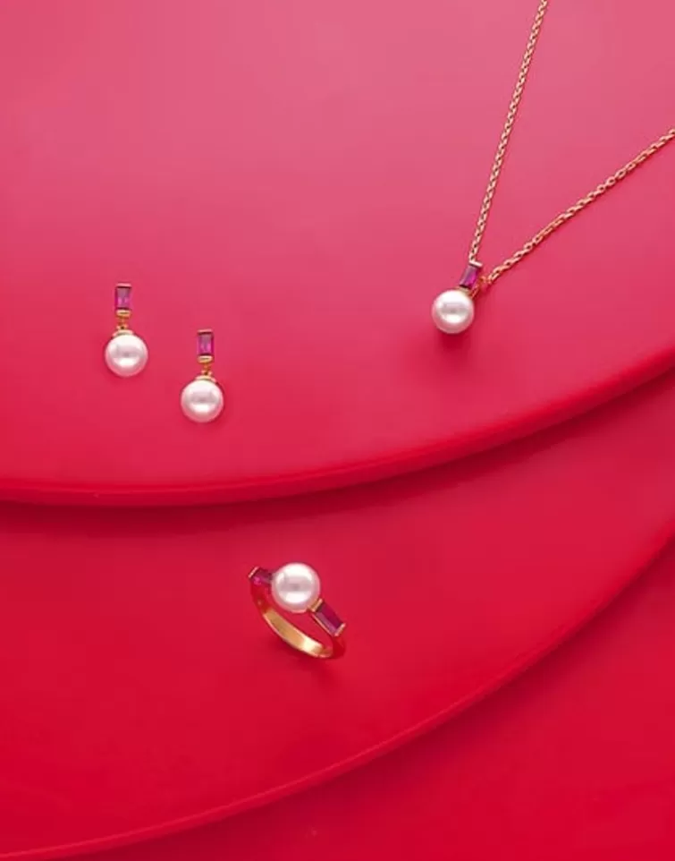 Colgantes Con Cadena | Majorica Collar Selene Dorado Con Perla Y Circonita Rojo Rubi