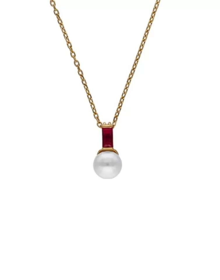 Colgantes Con Cadena | Majorica Collar Selene Dorado Con Perla Y Circonita Rojo Rubi