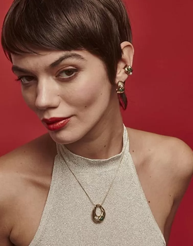 Pendientes Ear Cuff | Majorica Earcuff Dorado Feme Con Perla Blanca Y Agata Verde