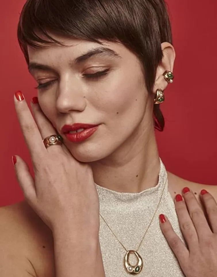 Pendientes Ear Cuff | Majorica Earcuff Dorado Feme Con Perla Blanca Y Agata Verde