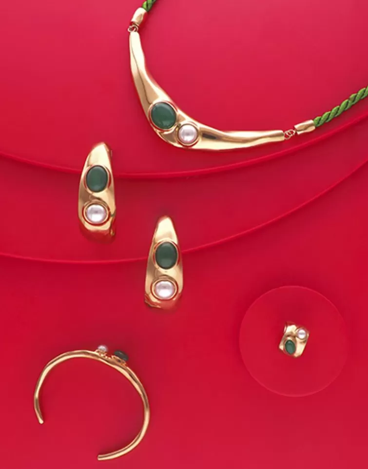 Pendientes Ear Cuff | Majorica Earcuff Dorado Feme Con Perla Blanca Y Agata Verde