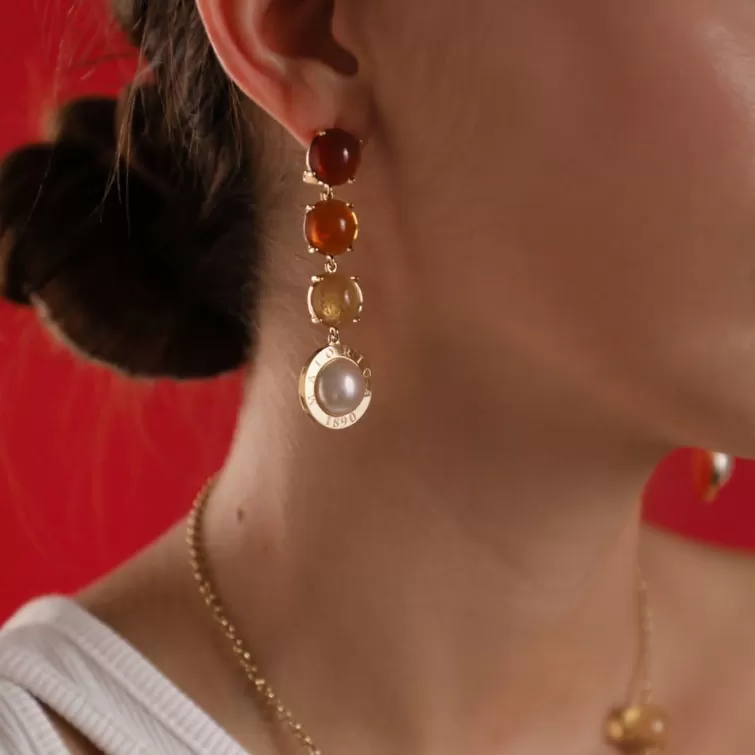 Pendientes De Perlas Largos | Majorica Pendientes Botón Dorados Algaida Con Cristales De Murano Ambar