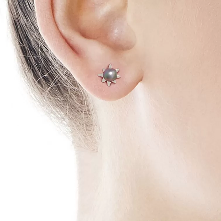 Pendientes Cortos | Majorica Pendientes Cies Plata Mini Flor Con Perla Gris 4Mm