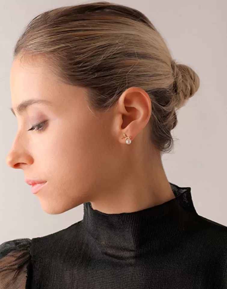 Pendientes Cortos | Majorica Pendientes Cortos Romea En Plata Dorada Con Perla Blanca