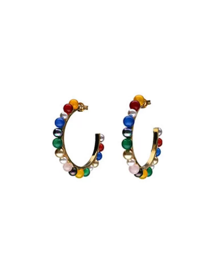 Pendientes De Aro Con Perlas | Majorica Pendientes De Aro Dorados Tutti Frutti Con Agatas Multicolor
