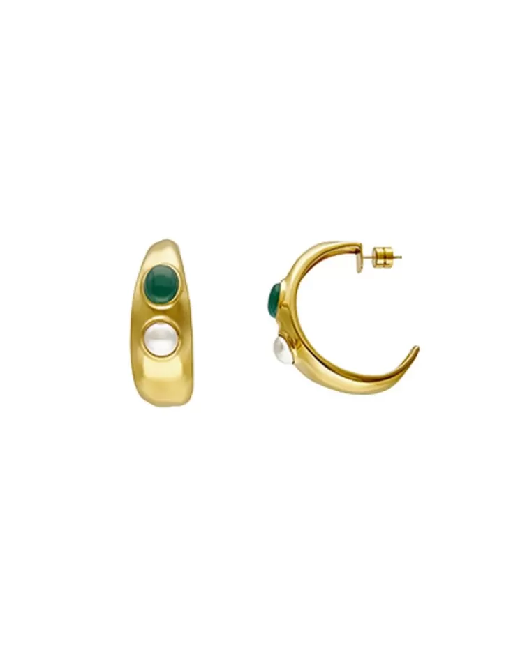 Pendientes De Aro Con Perlas | Majorica Pendientes De Aro Grandes Feme Dorados Con Perlas Y Agatas Verdes