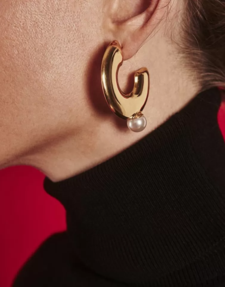 Pendientes De Aro Con Perlas | Majorica Pendientes De Aro Grandes Juno En Acero Dorado Y Perla