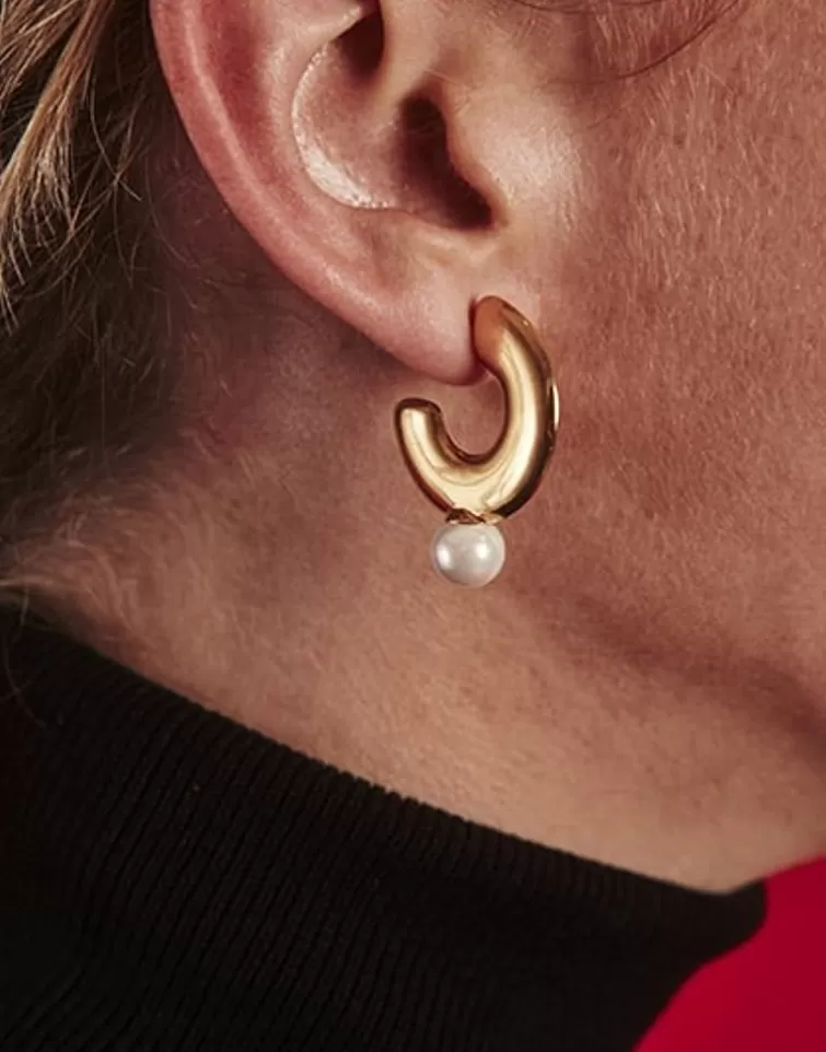 Pendientes De Aro Con Perlas | Majorica Pendientes De Aro Medianos Juno En Acero Dorado Y Perla