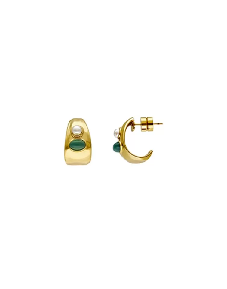 Pendientes De Aro Con Perlas | Majorica Pendientes De Aro Pequeños Dorados Feme Con Perlas Y Agatas Verdes