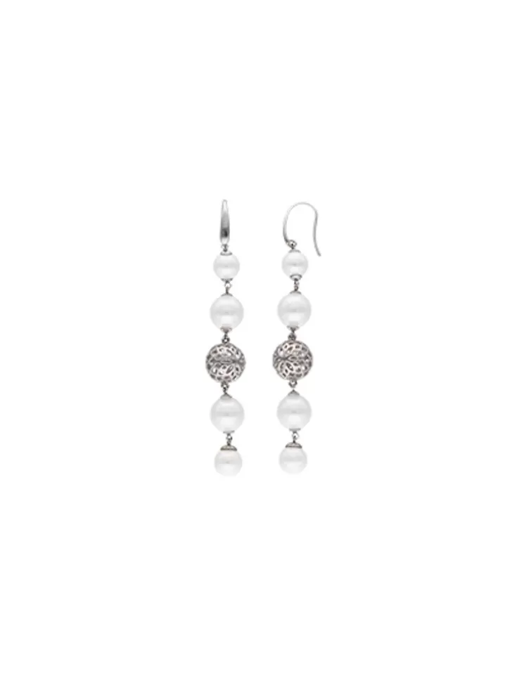 Pendientes De Perlas Largos | Majorica Pendientes Eternal Con Perlas Redondas Y Bola Calada En Plata