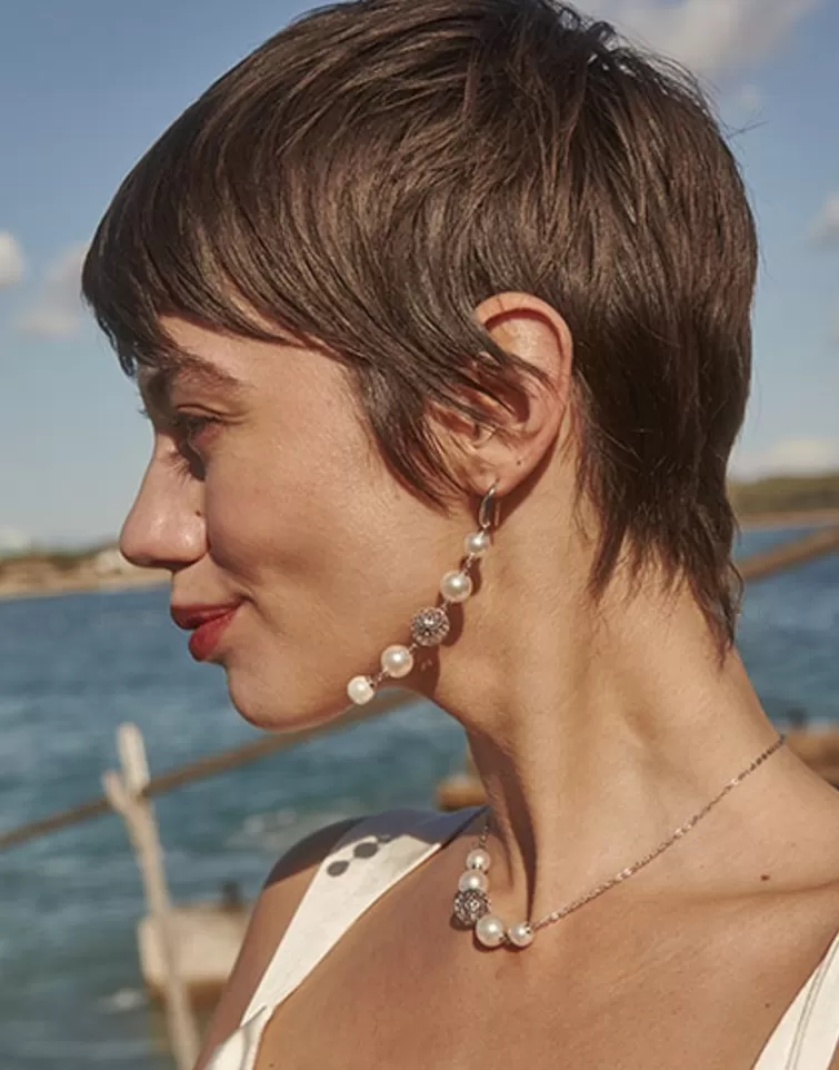 Pendientes De Perlas Largos | Majorica Pendientes Eternal Con Perlas Redondas Y Bola Calada En Plata
