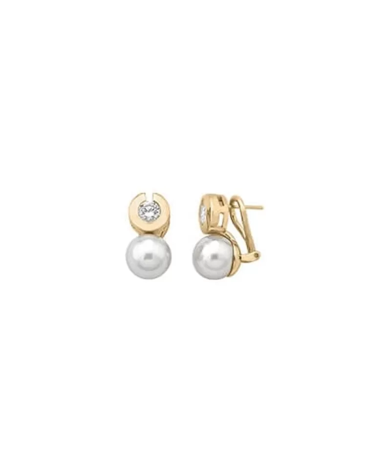 Pendientes Tú & Yo | Majorica Pendientes Exquisite Dorados Con Perla Blanca 10Mm Y Circonita