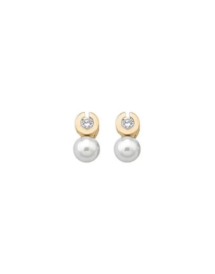 Pendientes Tú & Yo | Majorica Pendientes Exquisite Dorados Con Perla Blanca 10Mm Y Circonita