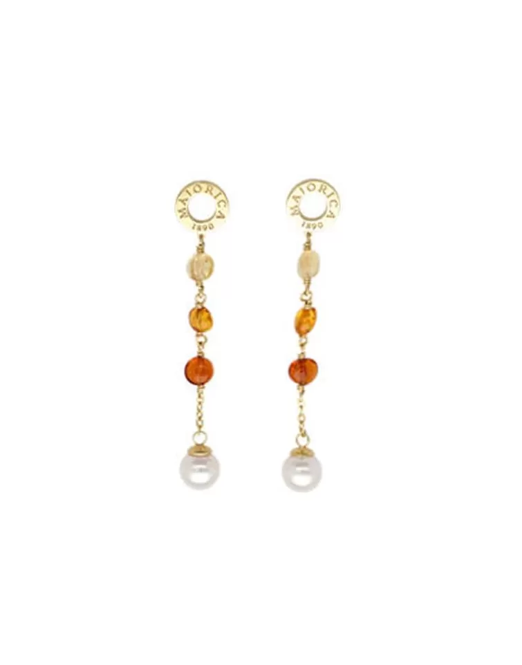 Pendientes De Perlas Largos | Majorica Pendientes Largos Algaida Dorados Con Perla Y Cristales De Murano En Ambar