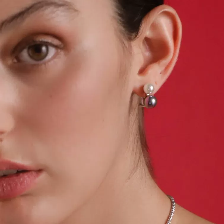 Pendientes Cortos | Majorica Pendientes Nuit Plata Con Perlas Blanca Y Gris 7 Y 9Mm
