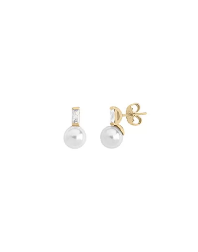 Pendientes Tú & Yo | Majorica Pendientes Selene Dorados Con Perla Blanca 8Mm Y Circonita