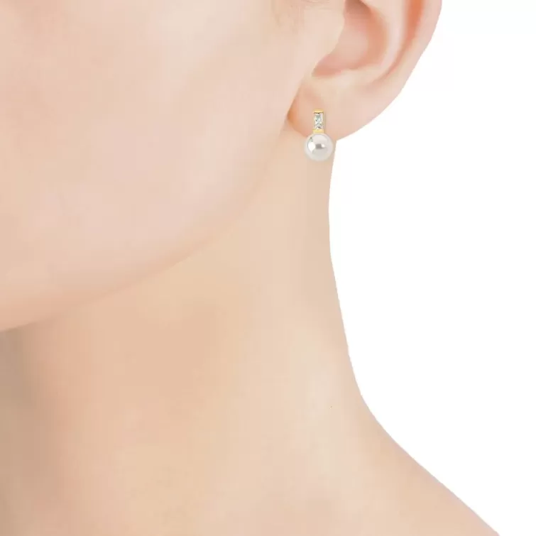 Pendientes Tú & Yo | Majorica Pendientes Selene Dorados Con Perla Blanca 8Mm Y Circonita
