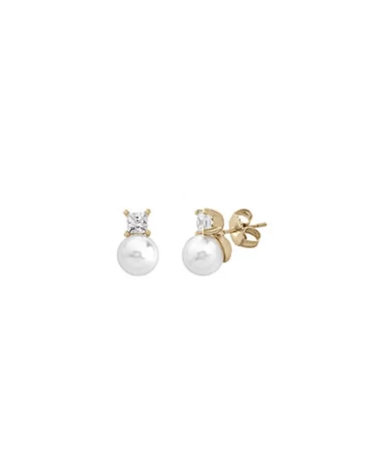 Pendientes Tú & Yo | Majorica Pendientes Selene Dorados Con Perla Blanca 8Mm Y Circonitas